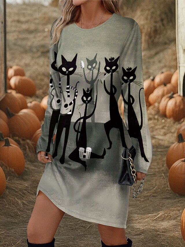 Halloween Women's Black Cat Print Mini Dress T Shirt Dress Tee Dress Shift Dress Dress Vacation Casual Party Daily Regular Fit Graphic Long Sleeve Crew Neck Purple Fuchsia Green Spring Fall Winter4