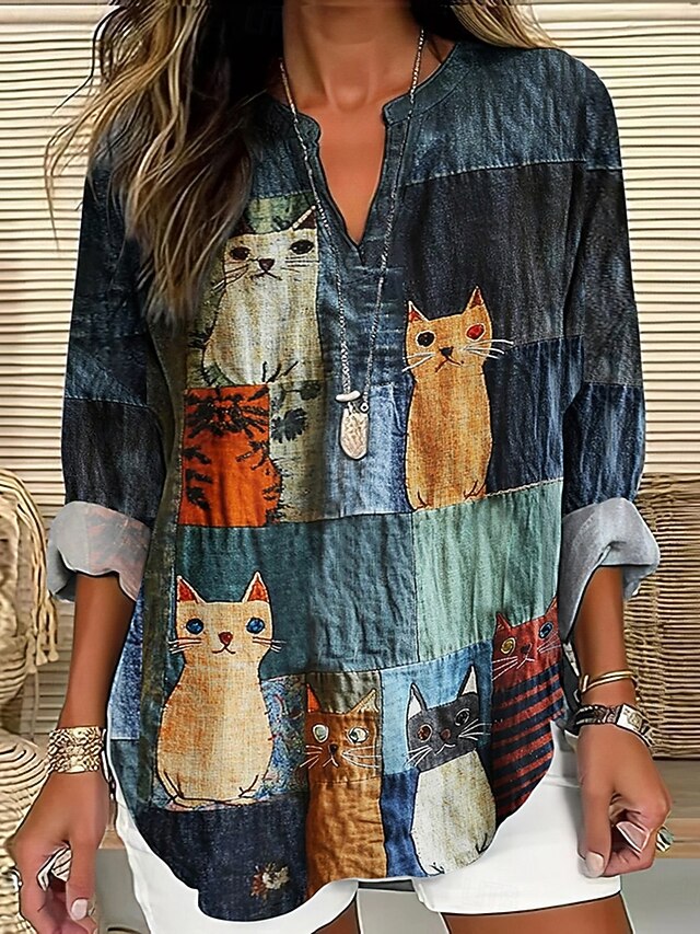 American Independence Day Women's Blouse Tunic V Neck Long Sleeve Boho Casual Tops Graphic Animal Flag Vintage Tropical Regular Tops Daily Wear Print Denim Blue Sky Blue3