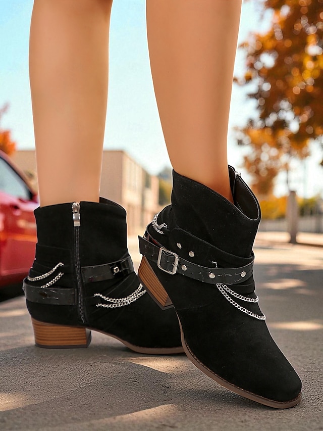  Bottines en daim marron pour femmes avec chaîne et ceinture - bottines à talons épais de style western tendance pour les tenues décontractées et les sorties d'automne