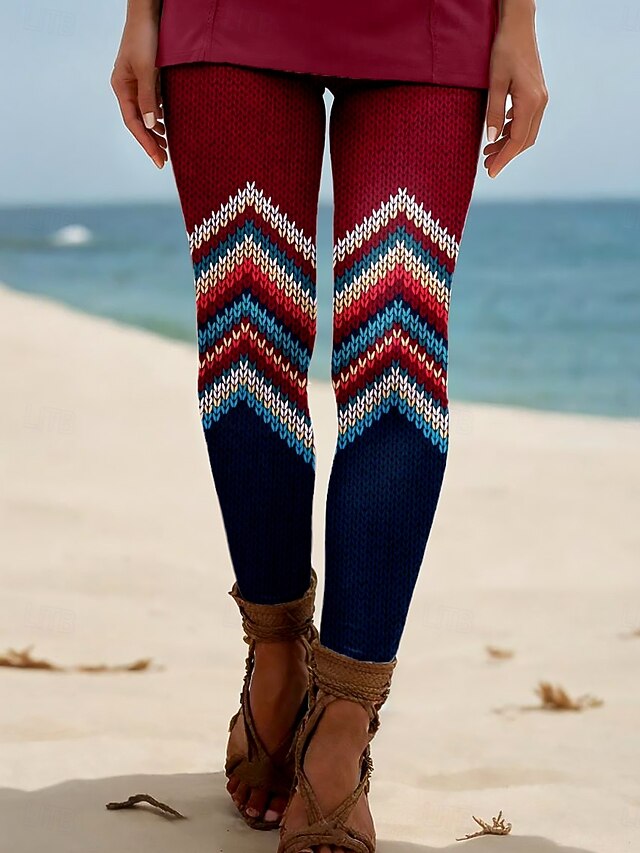 Women's Leggings Vacation Vintage Ethnic Style Ankle-Length High Waist Graphic Geometric Plaid Checkered 3D Print Breathability Soft Comfortable Stretchy Outdoor Vacation Home claret Royal Blue Brown4