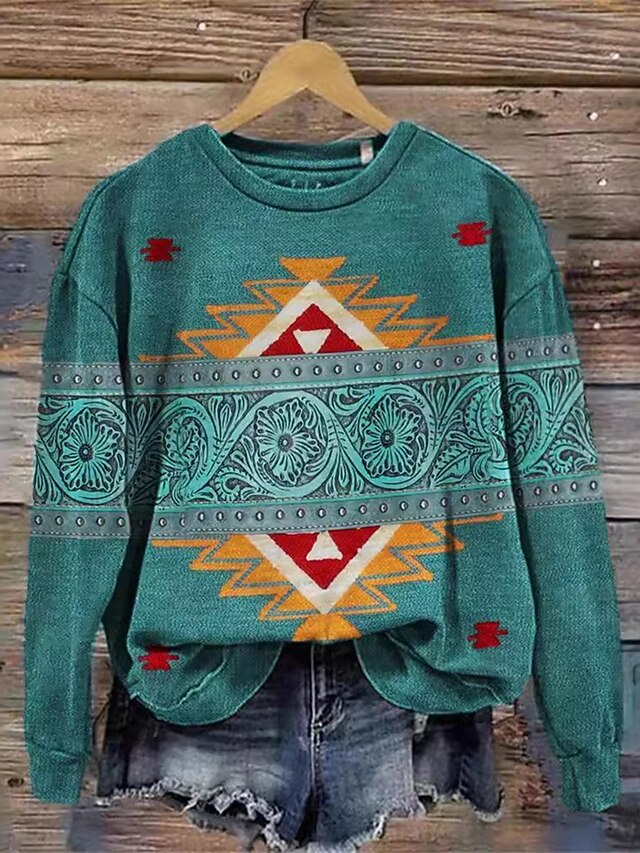 Women's Pullover Sweatshirt Hoodies Graphic Geometric Tribal Fashion Casual Long Sleeve Crew Neck Regular Tops Street Dailywear Print Yellow Green Spring Fall Winter3