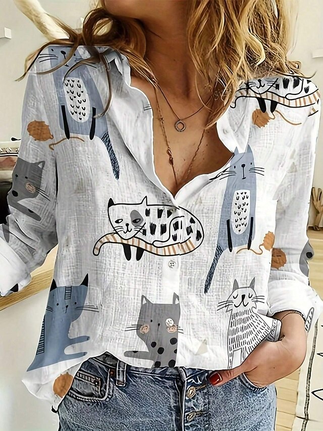 Women's Shirt Button Down Tunic Shirt Collar Long Sleeve Graphic Animal Elegant Vintage Tropical Regular Tops Work Daily s Print White Spring4