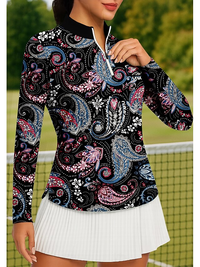 Women's Paisley Tops Golf Polo Shirt Tennis Shirt Tennis Tee Long Sleeve Print Quarter Zip Pullover UPF50+ UV Protection Elastic Breathable Tennis Golf Pickleball Stand Collar Zip Collar Shirt Polo4