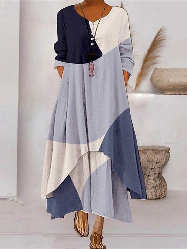  Damen Langes Kleid Maxikleid Freizeitkleid Druckkleid Mode Modern Täglich Strand Wochenende Normale Passform Grafik Dreiviertelarm V Ausschnitt Schwarz Blau Grün Frühling Herbst