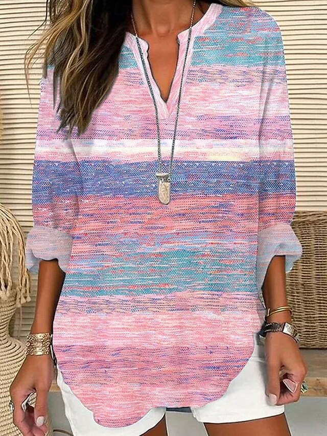 Women's Blouse Tunic V Neck Long Sleeve Boho Casual Tops Ombre Graphic Striped Vintage Daily Stylish Regular Tops Daily Print Pink Purple Orange Fall4