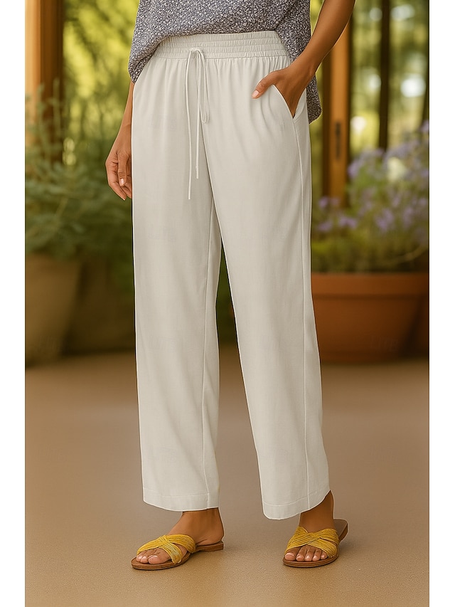  Mulheres Calças de linho de algodão chinês Moda Básico Casual Comprimento total Cintura Alta Tecido Com Cordão Conforto Exterior Com Stretch Férias Rua Diário Preto cáqui Bege Verão Primavera Normal