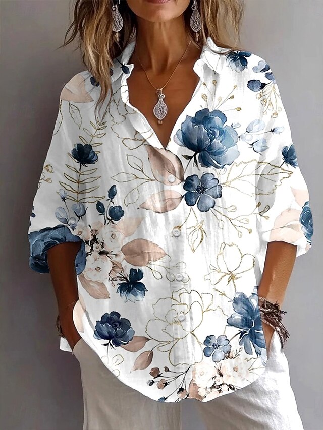Women's Shirt Button Down Tunic Shirt Collar Long Sleeve Floral Graphic Vintage Tropical Daily Regular Tops Work Daily Holiday s Print Blue Brown Green Spring Fall4
