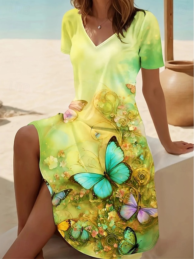  Damen Minikleid T-Shirt-Kleid A Linie Kleid Sommerkleid Urlaub Lässig Täglich Ferien Date Normale Passform Blumen Grafik Tiermotiv Kurzarm V Ausschnitt Gelb Rote Blau Violett Sommer Frühling