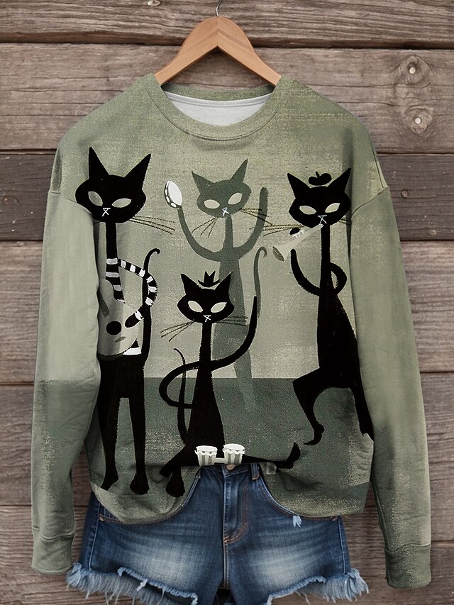 Halloween Women's Sweatshirts Black Cat Graphic Geometric Casual Long Sleeve Crew Neck Regular Tops Street Dailywear Print Pink Green Fall Winter4