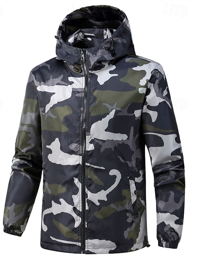  Homme Veste d'Extérieur Coupe-vent Vacances Quotidien Coupe-vent Avec Poches Printemps Automne Camouflage Mode Classique À capuche Régulier Noir Vert Gris Veste
