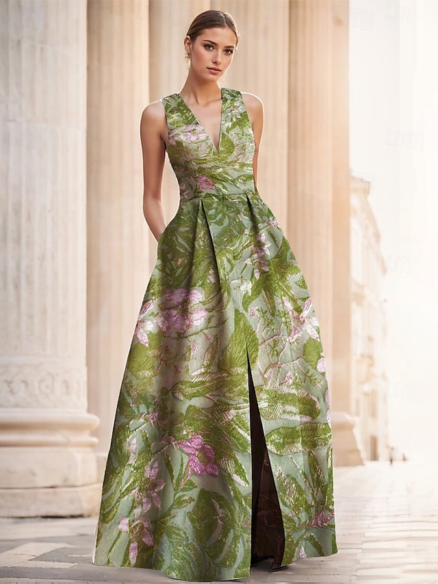  Robe de soirée A-Line en jacquard floral verte élégante Robe de mariage formelle longueur au sol sans manches en V en nylon avec poche fente Robe invitée de mariage