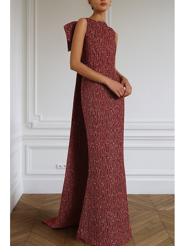  Vestido de Gala de Noite com Cristais Sereia  Trompete Elegante Vestido Formal Casamento Comprimento Longo Sem Mangas Decote Redondo com Laço(s) Removível(is)