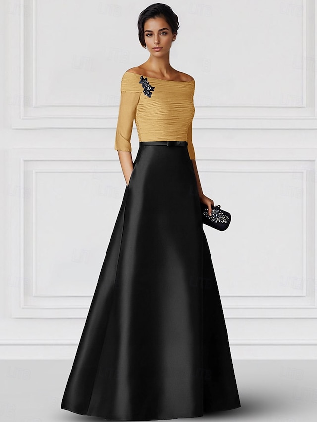  Abito da sera elegante a trapezio in raso con tasche, nero, oro e bianco, formale, da sposa, lungo fino al pavimento, manica a mezza manica, con scollo a V e arricciato, 2025