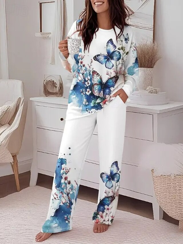 Women's Fashion T Shirt Pants Sets Long Sleeve Round Neck Floral Graphic Butterfly Print Casual Daily Blue Spring Regular Fit3