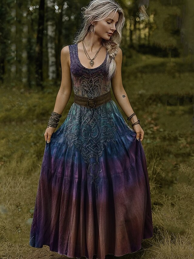 Women's Vintage Viking Celtic Knot Gradient Art Dress Pleated Dress Vacation Casual Boho Standard Fit Graphic Abstract Sleeveless V Neck U Neck Fuchsia Orange Amethyst4