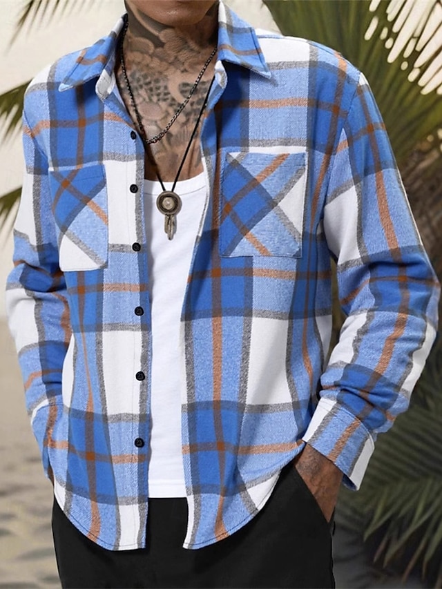 Herren Leichte Jacke Hemdjacke Freizeitjacke Jacke-Shirt Urlaub Täglich Atmungsaktiv Tasche Frühling Herbst Karomuster Mode Klassisch Revers Regulär Blau Khaki Jacken