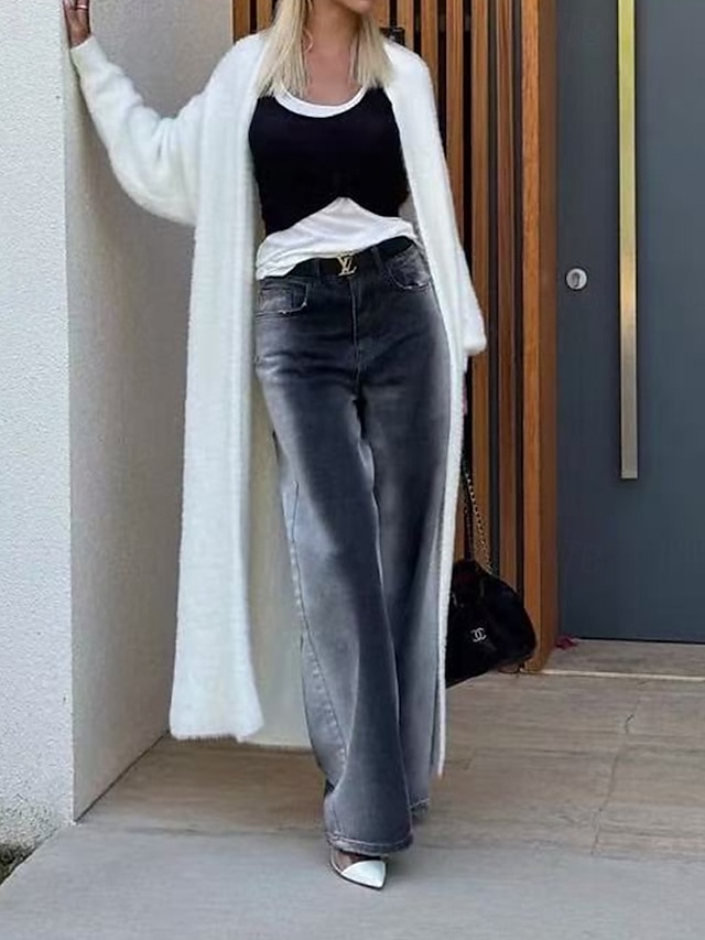  Pentru femei Pulover Bluza Modă Șic Stradă Zilnic Culoare solidă Striat În V Tricotat Manșon Lung Topuri lungi Tricotat Concediu Ieșire Sfârșit de săptămână Alb Toamnă Iarnă