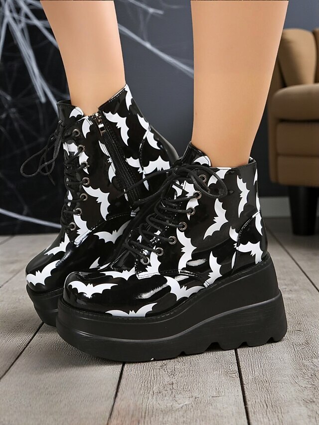  Bottines à plateforme pour femmes à imprimé chauve-souris d'Halloween – Bottines de combat à talons épais et lacets de style gothique punk pour fêtes, cosplay et soirées
