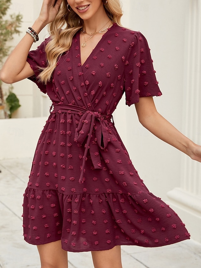  Damen Minikleid A Linie Kleid Sommerkleid Lässig Täglich Normale Passform Einfach Kurzarm V Ausschnitt Wein Sommer