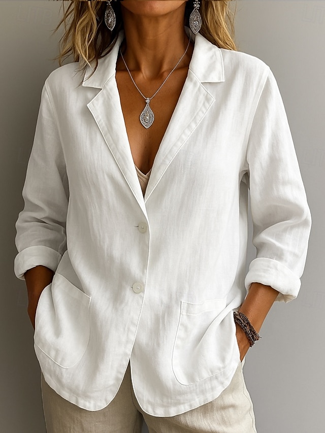  Women's Cotton Linen Blazer Solid Color Stylish Basic Casual Long Sleeve Shirt Collar Regular Tops Work Daily Buttons White Yellow Summer