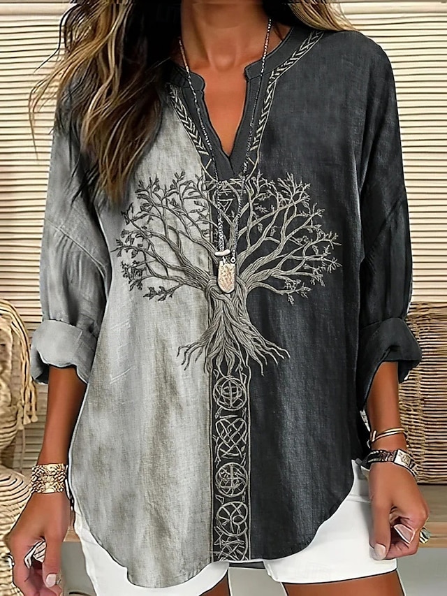  Women's Shirt Tree Daily Casual Long Sleeve V Neck Regular Tops Daily Holiday Buttons Print Gray Spring Fall