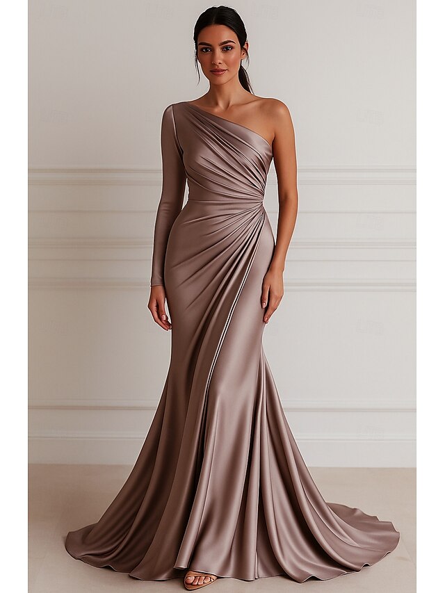  Sirena / Tromba Abito da Sera Elegante Vestito Formale Matrimonio Lunghezza al pavimento Manica Lunga Monospalla Vestito Rosa Raso Elasticizzato con Pieghe 2025