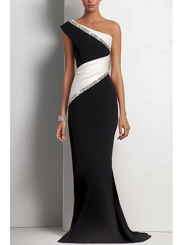  Rochie de seară elegantă, tip sirenă, alb-negru, de mireasă, formală, lungime până la podea, fără mâneci, model crepe elastic pe un umăr, cu sclipici, încrețit, 2025