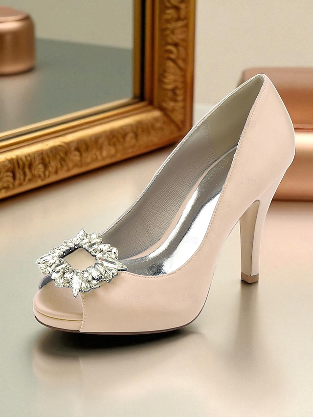 クリスタルバックル付きレディースサテンピープトゥパンプス - カクテルパーティーや夜のイベントに最適な、クラシックな女性用ハイヒールドレスシューズ