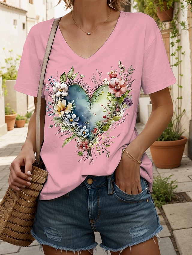  Femmes T-shirt Cœur Fleuri Graphique ancien Mode Hawaïen Manche Courte Col en V Hauts Réguliers Quotidien Sortir Week-end Imprimé Noir Blanche Jaune Rose Claire Bleu Été Printemps