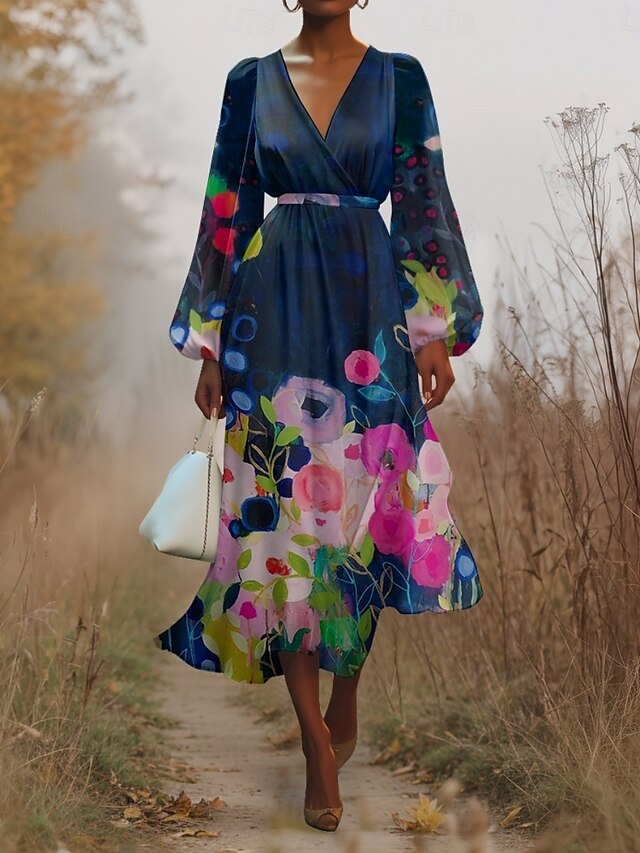  Damen Midikleid Freizeitkleid Chiffon Schwingkleid Modern Urlaub Täglich Wochenende Normale Passform Blumen Langarm V Ausschnitt Hellgrün Marineblau Dunkelgrün Grün Sommer Frühling Herbst