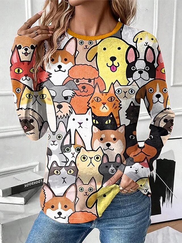 Women's T shirt Long Sleeve Crew Neck Long Sleeve Tunic Graphic Animal Vintage Stylish Modern Regular Tops Daily Print White Yellow Rainbow Fall Prefall4