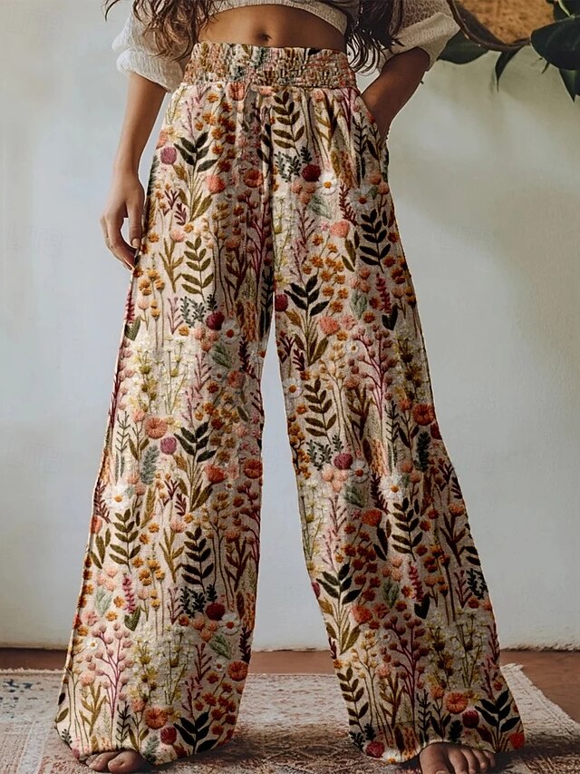 Women's Wide Leg Pants Trousers Palazzo Pants Vintage Boho Full Length High Waist Flower Elastic Waist Printing Breathability Comfortable Street Daily Wear Going out Brown Spring Fall Regular Fit4