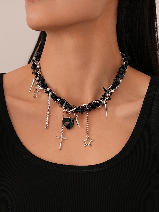  Collana girocollo in pietra nera punk gotica da donna con ciondoli a forma di croce, cuore e stella - gioiello importante per feste, discoteche e serate fuori