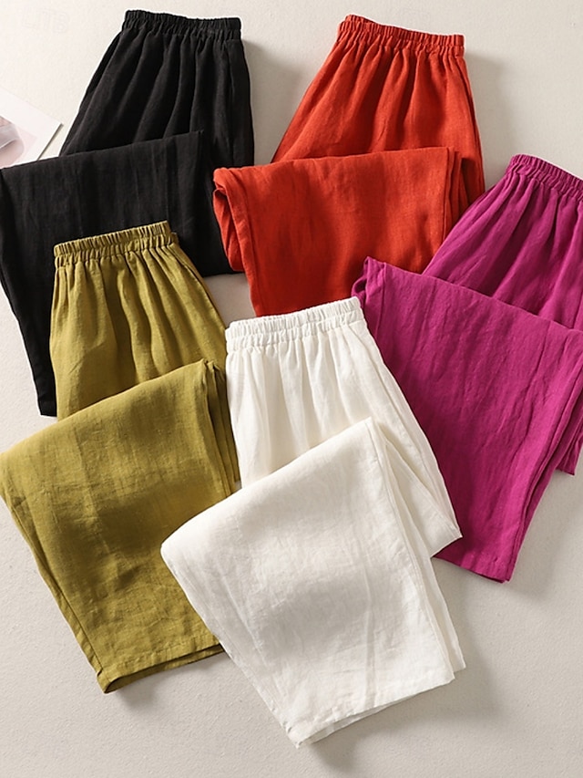  Mulheres Calças de linho de algodão chinês Estilo Étnico Básico Casual Comprimento total Cintura Alta Tecido Bolsos Com Cordão Conforto Exterior Com Stretch Férias Rua Diário Preto Branco fúcsia