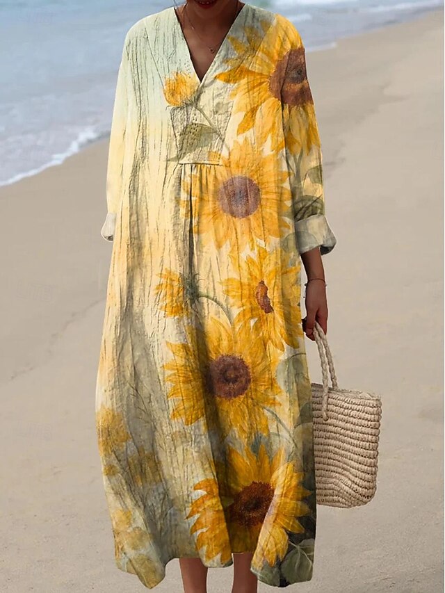 Women's Midi Dress V Neck Long Sleeve Kaftan Lightweight Loose Fit A Line Dress Casual Boho Party Going out Floral Graphic Long Sleeve V Neck Yellow Orange Green Fall4