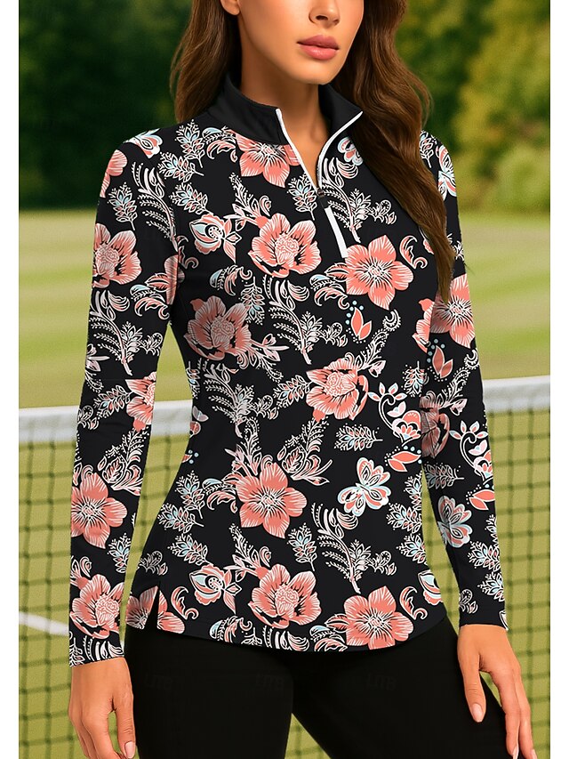 Women's Plants Floral Tropical Floral Botanical Tops Golf Polo Shirt Tennis Shirt Long Sleeve Print Quarter Zip Pullover UV Protection Elastic Breathable Tennis Golf Pickleball Stand Collar Zip Collar4