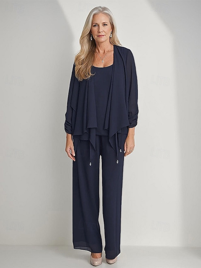  3 Piece Mother of the Bride Pantsuits Elegant Simple Luxurious Square Neck Floor Length Chiffon 3/4 Length Gathered Sleeve with Crystals Cascading Ruffles 2025