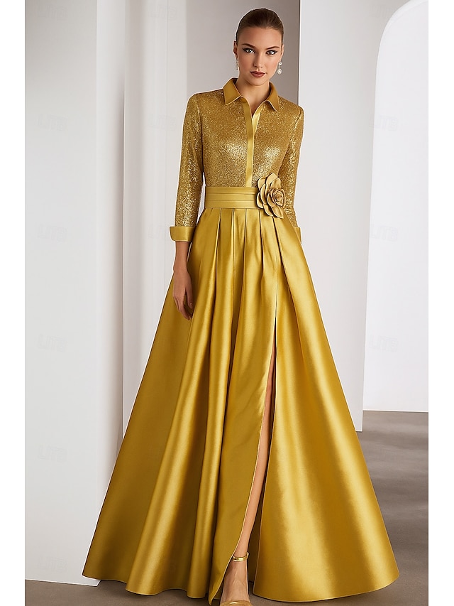  Abito da sera A-Line con cravatta nera Abito elegante formale da matrimonio lunghezza fino al pavimento maniche lunghe colletto camicia mantelle in satin con pieghe glitter