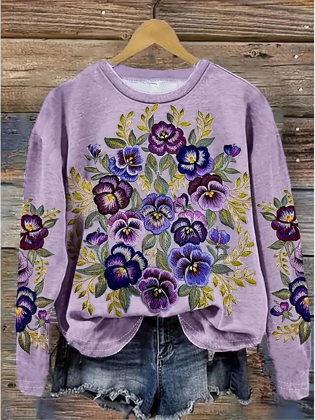  Femmes Sweatshirt Pull Fleuri Graphique Chaud Actif ancien manche longue Col ras du cou Hauts Réguliers Rue Tenue Quotidienne Occasionnel Imprimé Violet Fuchsia Orange Parme Beige Printemps Automne