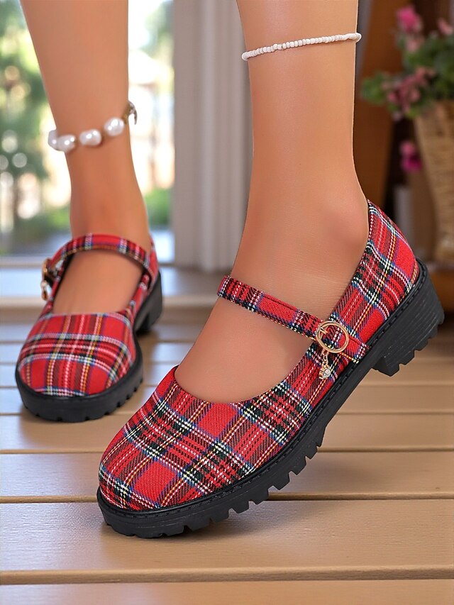  Women's Red Plaid Mary Jane Flats - Chunky Sole Tartan Shoes with Buckle Strap, Casual School Style for Teens and Fall Outfits