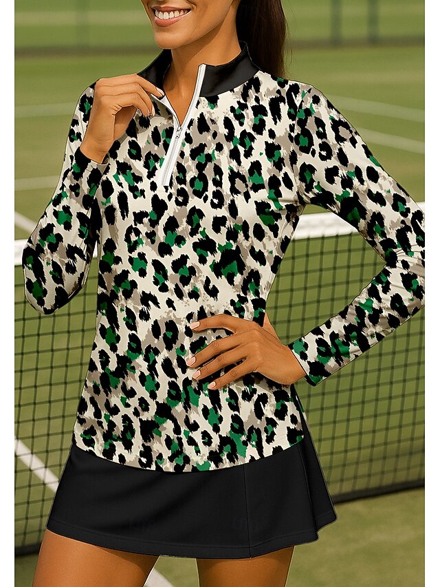 Women's Animal Leopard Sport Shirt Golf Polo Shirt Tennis Shirt Tennis Top Long Sleeve Zipper Floral UPF50+ UV Resistant High Elasticity Moisture Wicking Breathable Volleyball Tennis Golf Stand4