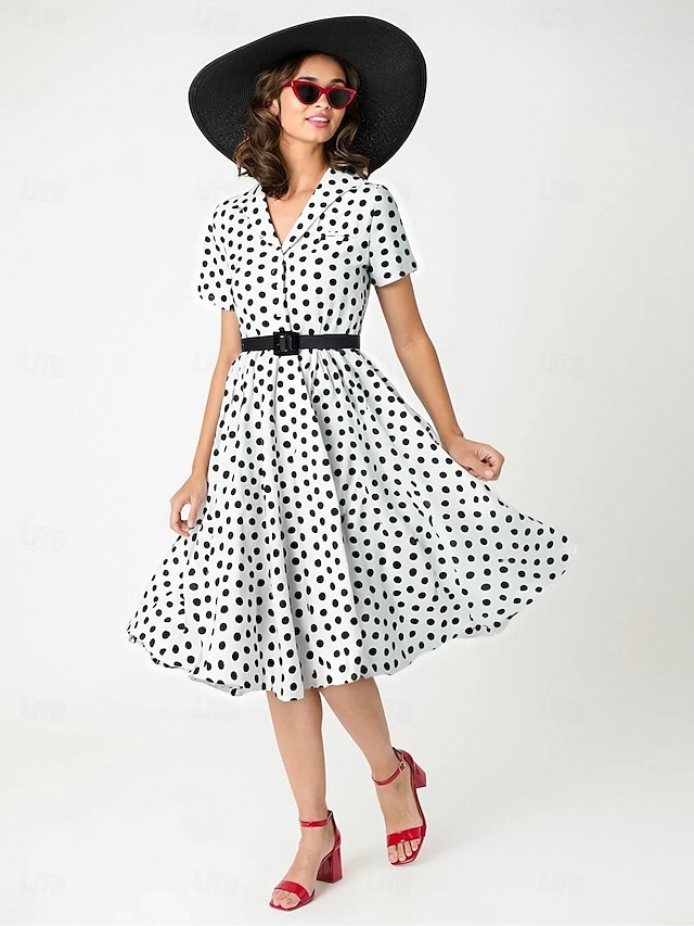  Retro 50. léta Rockabilly Ke kolenům Houpací šaty Flare šaty Košilové šaty S páskem Puntíky Maškarní kostým Dámské Karneval Plesová maškaráda Dovolená Večírek Na den Dospělé Šaty Jaro léto