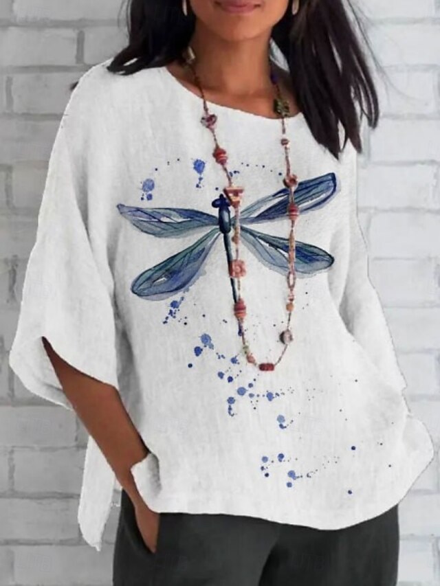 Women's Shirt Dragonfly Daily Casual 3/4 Length Sleeve Crew Neck Regular Tops Daily Holiday Print White Blue Green Summer Spring Fall4