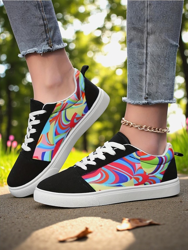  Baskets en toile colorées pour femmes – chaussures à lacets décontractées et légères avec un imprimé artistique vibrant, parfaites pour la marche, les voyages et le style urbain au quotidien