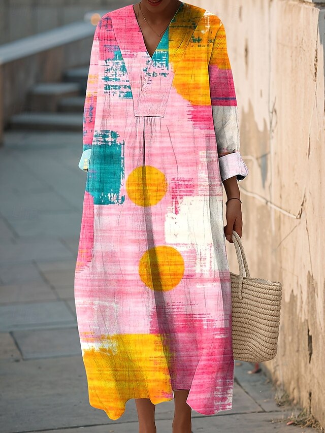 Women's Midi Dress V Neck Long Sleeve Kaftan Lightweight Loose Fit A Line Dress Casual Boho Going out Standard Fit Graphic Geometric Long Sleeve V Neck Pink Orange Amethyst Fall4