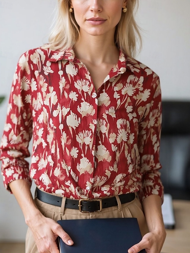  Damen Bluse Elegante Oberteile Chiffon Tops Blumen Farbblock Elegant Täglich Stilvoll Langarm Hemdkragen Normale Oberteile Arbeit Täglich Knöpfe Druck Gelb Rosa Rote Braun Beige Frühling, Herbst