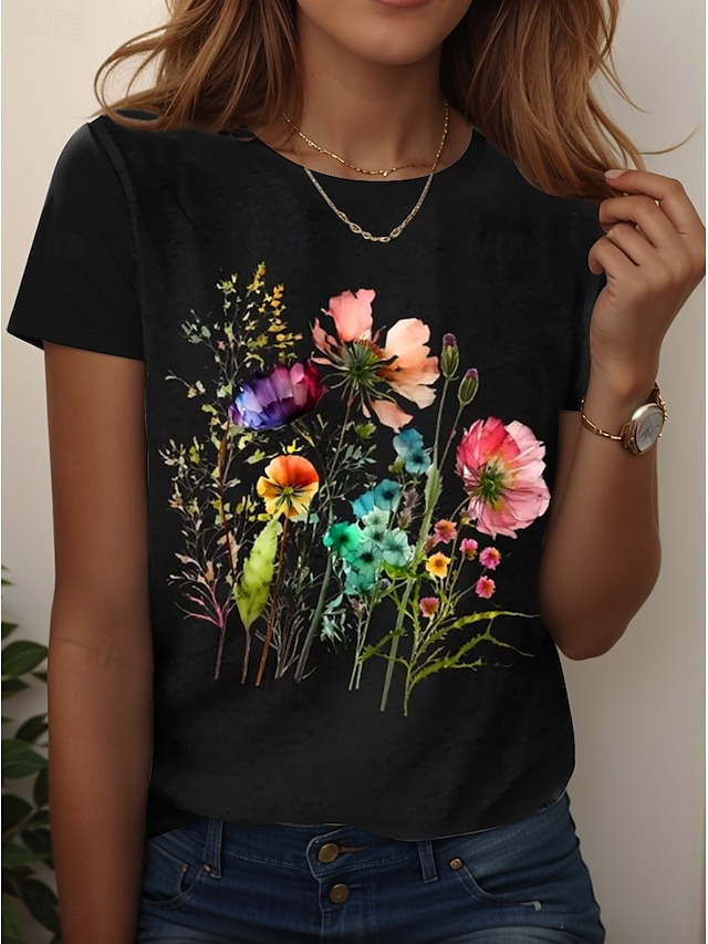 Dame T skjorte Blomstret Grafisk Planter Årgang Stilfull Klassisk Kortermet Crew-hals Vanlige topper Daglig Ut på byen Helg Trykt mønster Svart Hvit Rosa Blå Himmelblå Sommer Vår Høst