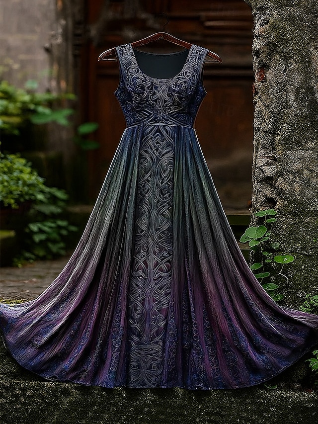  Robe longue vintage viking celtique à motif dégradé pour femme, robe d'été, robe trapèze, robe nuisette, robe plissée, vacances, décontractée, bohème, plage, coupe classique, graphique, sans manches,