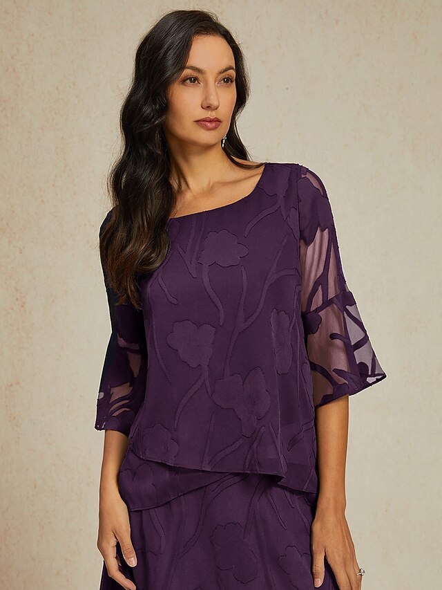 Women's Lace Shirt Blouse Dressy Tops Chiffon Tops Solid Color Floral Flower Elegant Stylish 3/4 Length Sleeve Bell Sleeve Boat Neck Regular Tops Wedding Guest Work Daily Asymmetric Hem Eggplant4