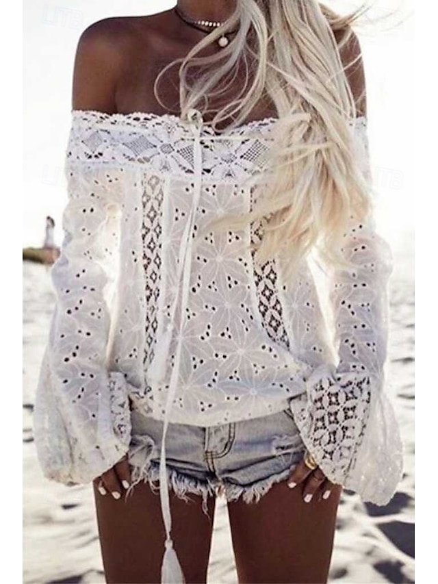  Damen Bluse Spitzentops Einfach Modern Lässig Langarm Schulterfrei Normale Oberteile Täglich Ausgehen Spitze Fransen Weiß Sommer